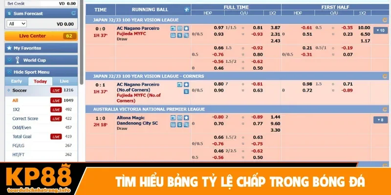 Tìm hiểu bảng tỷ lệ chấp trong bóng đá